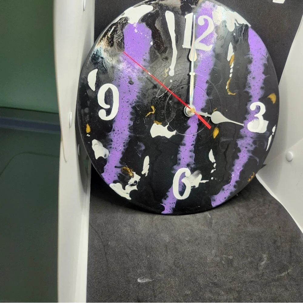 Hand Crafted Abstract Hanging Wall Clock Analog Vinyl Record Fluid Art Decor